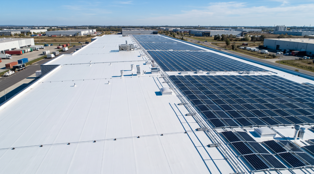 Impermeabilizzazione sotto pannelli fotovoltaici su copertura industriale con membrana Starflex